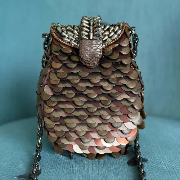 MARY FRANCES What A Hoot Owl Copper Metallic Mixed Metal Beaded Clutch Crossbody - Picture 4 of 14